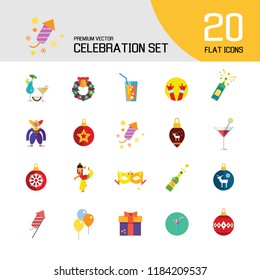 Celebration icon set. Balloons, firecrackers, fireworks, Christmas bauble. Holiday concept. Can be used for topics like special day, festive event, entertainment