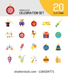 Celebration icon set. Balloons, firecrackers, fireworks, Christmas bauble. Holiday concept. Can be used for topics like special day, festive event, entertainment