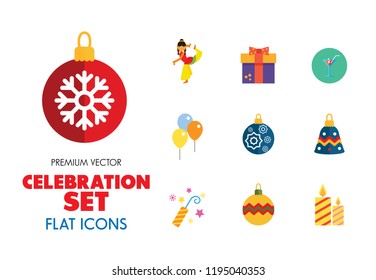 Celebration icon set. Balloons, firecrackers, fireworks, Christmas bauble. Holiday concept. Can be used for topics like special day, festive event, entertainment