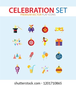 Celebration icon set. Balloons, firecrackers, fireworks, Christmas bauble. Holiday concept. Can be used for topics like special day, festive event, entertainment