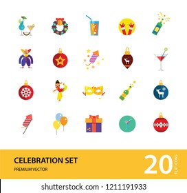 Celebration icon set. Balloons, firecrackers, fireworks, Christmas bauble. Holiday concept. Can be used for topics like special day, festive event, entertainment