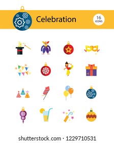 Celebration icon set. Balloons, firecrackers, fireworks, Christmas bauble. Holiday concept. Can be used for topics like special day, festive event, entertainment