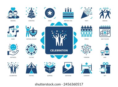 Celebration icon set. Christmas, Birthday Cake, Event, Invitation, Festival, Surprise, Wedding, Party. Duotone color solid icons