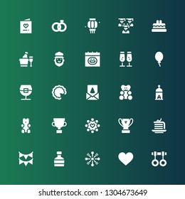 celebration icon set. Collection of 25 filled celebration icons included Rings, Heart, Fireworks, Whiskey, Garland, Cake, Trophy, Gummy bear, Lantern, Birthday card, Balloon, Champagne