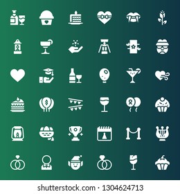 celebration icon set. Collection of 36 filled celebration icons included Cupcake, Wine, Ring, Elf, Groom, Rings, Harp, Red carpet, Birthday, Trophy, Nest, Lantern, Balloon, Garlands