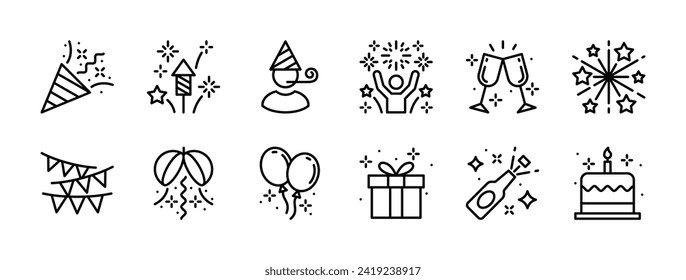 Celebration icon set. Containing confetti, fireworks, star, people, gift box, festive flag, balloon, cheer glass, and beer bottle for happy new year, christmas, party, birthday. Vector illustration