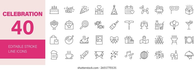 Celebration icon set. Containing party, celebrate, birthday, event, happy new year, dancing, fireworks, cheers, gift, invitation, wedding and more. Editable line icons. Vector illustration.
