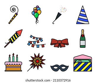 Celebration Icon Set. Editable Bold Outline With Color Fill Design. Vector Illustration.