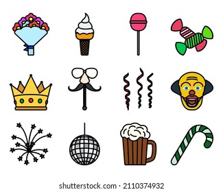 Celebration Icon Set. Editable Bold Outline With Color Fill Design. Vector Illustration.