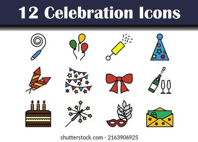 Celebration Icon Set. Editable Bold Outline With Color Fill Design. Vector Illustration.