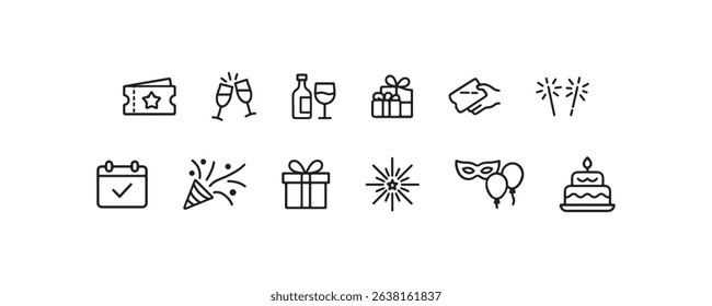 Celebration icon set featuring gifts, drinks, masks, and fireworks.