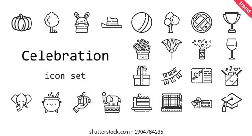 celebration icon set. line icon style. celebration related icons such as gift, cake slice, wine glass, silent, confetti, voucher, tree, trick, garlands, ball, fan, graduation, cutting, cauldron, hat