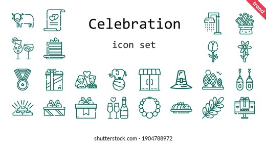 celebration icon set. line icon style. celebration related icons such as gift, cake slice, shower, cocktails, tree, ox, necklace, pilgrim, trick, branch, flower, gold, cake, marriage, boxing, medal