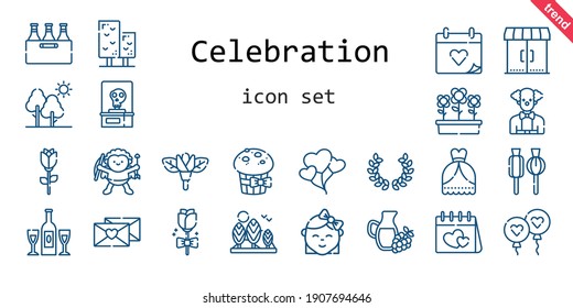 celebration icon set. line icon style. celebration related icons such as laurel, wedding dress, balloon, flowers, balloons, tree, wedding day, lollipop, muffin, flower, cupid, skeleton, clown, baby