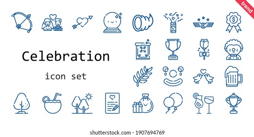 celebration icon set. line icon style. celebration related icons such as confetti, balloons, cocktails, tree, air force, bow, branch, cupid, ball, love birds, cocktail, carpet, clown, medal