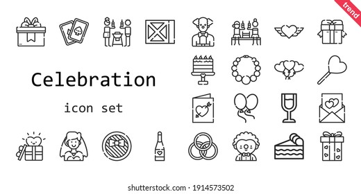 celebration icon set. line icon style. celebration related icons such as gift, bride, wine glass, cards, balloons, piece of cake, lollipop, necklace, heart, friends, rings, cake, clown, love letter