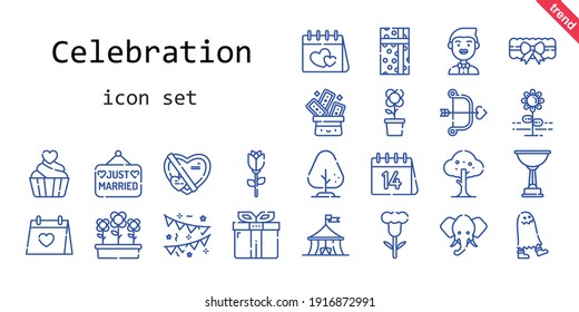 celebration icon set. line icon style. celebration related icons such as gift, flowers, groom, just married, garter, tree, wedding day, trick, garlands, flower, cupid, ghost, circus, rose, trophy