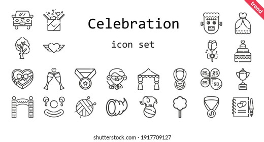 Celebration Icon Set. Line Icon Style. Celebration Related Icons Such As Gift, Frankenstein, Wedding Dress, Tree, Petals, Heart, Wedding Car, Ball, Toast, Guests Book, Wedding Cake, Teacher