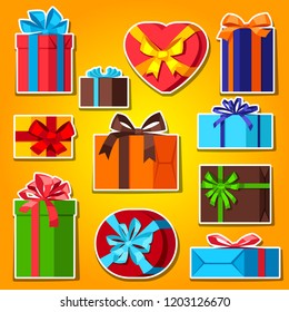Celebration icon set of sticker gift boxes.