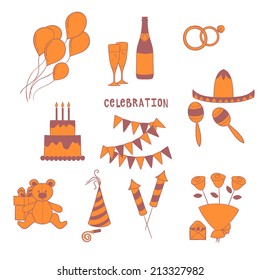 celebration icon set in two color. brown details united with contour