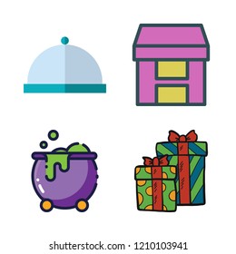 celebration icon set. vector set about dinner, christmas present, box and cauldron icons set.