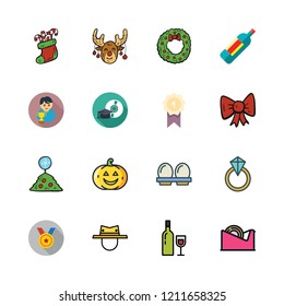 celebration icon set. vector set about judaism, reindeer, pumpkin and wine bottle icons set.