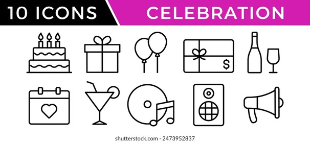 Celebration icon vector set. Outline party, anniversary symbol