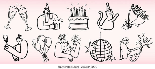 Celebration icons: champagne, cake, balloons, party hats. Festive drawings include a cake, champagne, and balloons. Perfect for party and celebration themes. Party elements vector set.