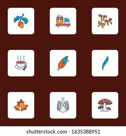 Celebration icons colored line set with gift delivery, festive bow, bells and other oak nut elements. Isolated vector illustration celebration icons.