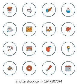 Celebration icons colored line set with umbrella, fireplace, cupcake and other bunting elements. Isolated vector illustration celebration icons.