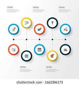 Celebration icons colored line set with cider, cornucopia, apple and other bunting elements. Isolated vector illustration celebration icons.