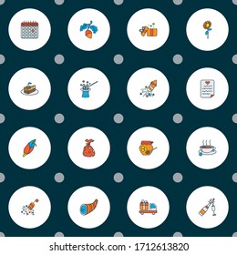 Celebration icons colored line set for thanksgiving day, piece of cake, wish list and other surprise elements. Isolated vector illustration celebration icons.