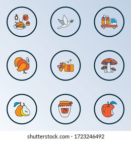 Celebration icons colored line set with turkey, gift delivery, apple and other jonagold elements. Isolated vector illustration celebration icons.