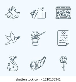 Celebration icons line style set with bells, gift sack, fireplace and other floral elements. Isolated vector illustration celebration icons.