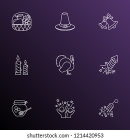 Celebration icons line style set with celebration, turkey, fruit basket and other hive elements. Isolated vector illustration celebration icons.