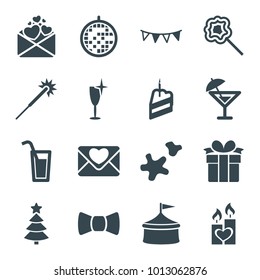 Celebration icons. set of 16 editable filled celebration icons such as sparklers, clean wine glass, circus, lollipop, candle heart, party flag, cookie, piece of cake