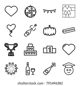Celebration icons. set of 16 editable outline celebration icons such as pumpkin, heart, graduate emoji, opened champagne, disco ball, cake, heart baloons, party flag