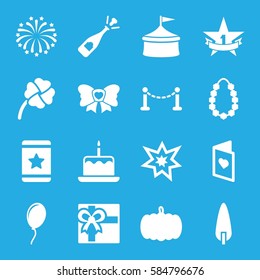 celebration icons set. Set of 16 celebration filled icons such as pumpkin, fence, cake with one candle, gift, star, opened champagne, pine-tree, bow, fireworks, garland