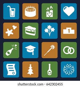 Celebration icons set. set of 16 celebration filled icons such as heart, sparklers, cake, piece of cake, champagne bottle with heart, candle heart, christmas tree, fireworks