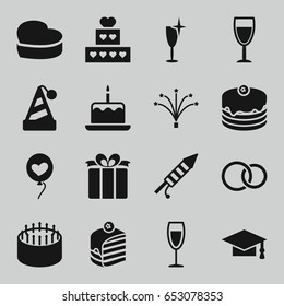 Celebration icons set. set of 16 celebration filled icons such as cake with one candle, clean wine glass, graduation cap, cake, heart baloons, present, rings, wine glass