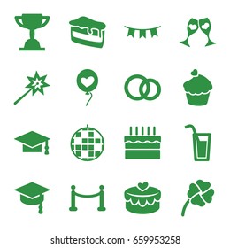 Celebration icons set. set of 16 celebration filled icons such as graduation cap, piece of cake, heart baloons, clink glasses, muffin, heart lock, party flag, cake