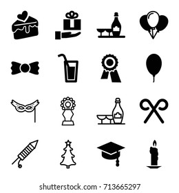 Celebration icons set. set of 16 celebration filled and outline icons such as champagne and wine glasses, award, bow tie, cake slice, balloon, candy cane, cocktail