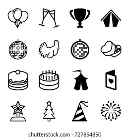Celebration icons set. set of 16 celebration filled and outline icons such as party hat, fireworks, disco ball, tent, love card, trophy, cake, sweet box, wine glass, turkey