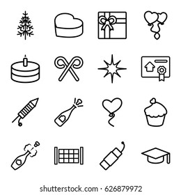 Celebration icons set. set of 16 celebration outline icons such as fence, gift, pine-tree, heart baloons, heart balloons, heart cake, muffin, star, candy cane, fireworks