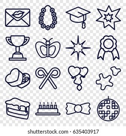Celebration icons set. set of 16 celebration outline icons such as butterfly, bow tie, piece of cake, love letter, heart balloons, sweet box, star, ribbon, candy cane