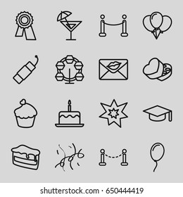 Celebration icons set. set of 16 celebration outline icons such as fence, cake with one candle, award, piece of cake, love letter, muffin, sweet box, firework, fireworks