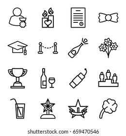 Celebration icons set. set of 16 celebration outline icons such as fence, graduation cap, bow tie, candle heart, firework, clover, bill of house, cocktail, ranking