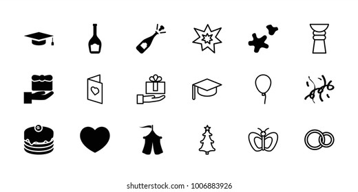 Celebration icons. set of 18 editable filled and outline celebration icons: gift, opened champagne, cake, cookie, confetti, tent, baloon, butterfly, graduation hat, rings
