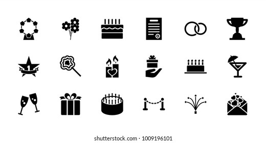 Celebration icons. set of 18 editable filled celebration icons: fence, cake, glasses clink, lollipop, love letter, present, rings, candle heart, fireworks, bill of house