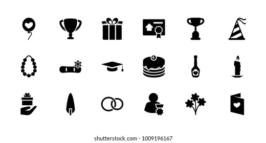 Celebration icons. set of 18 editable filled celebration icons: trophy, candle, bouquet, cake, pine-tree, heart baloons, love letter, champagne bottle with heart, present